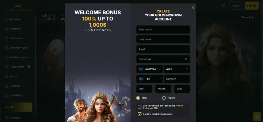 Golden Crown Casino account creation form