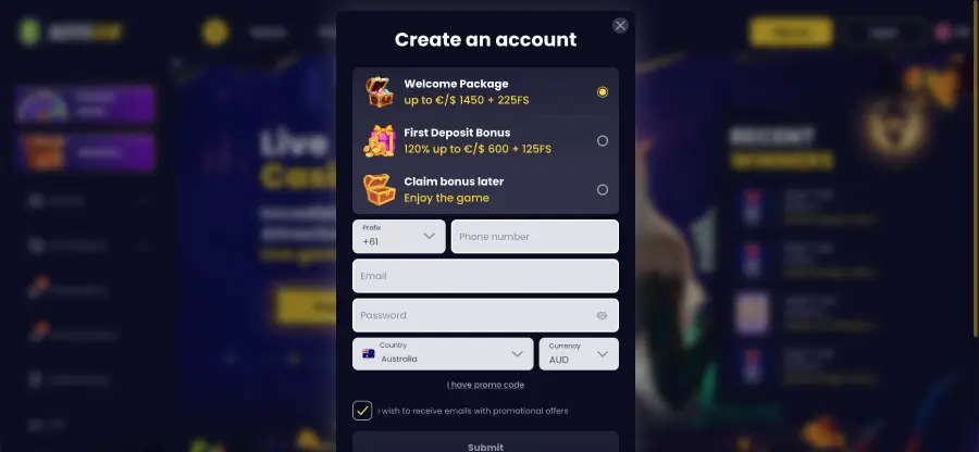 SlotsGem Casino registration form