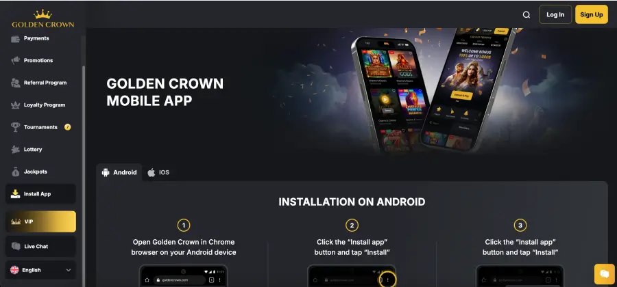 Golden Crown Casino mobile version on smartphone
