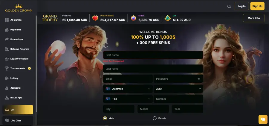 Golden Crown Casino homepage and main lobby