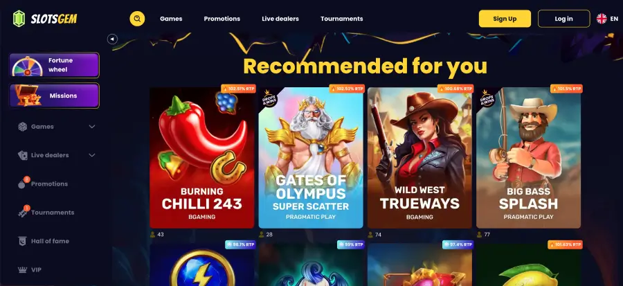 SlotsGem Casino pokie lobby and game library