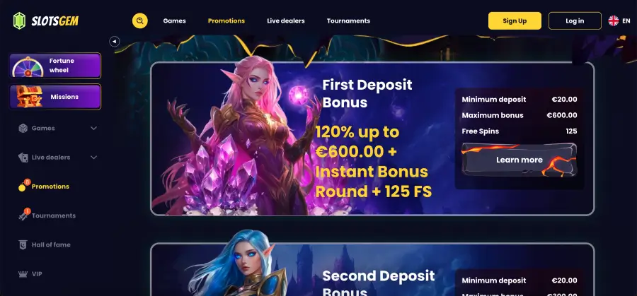 SlotsGem Casino promotions and bonuses page