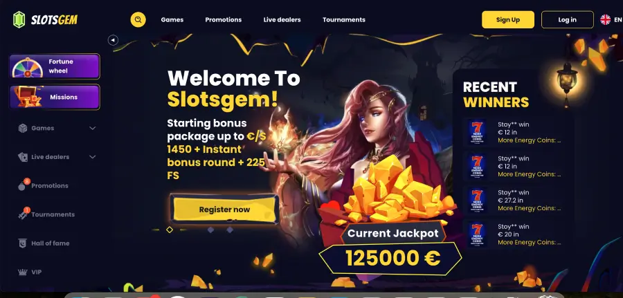 SlotsGem Casino homepage desktop view